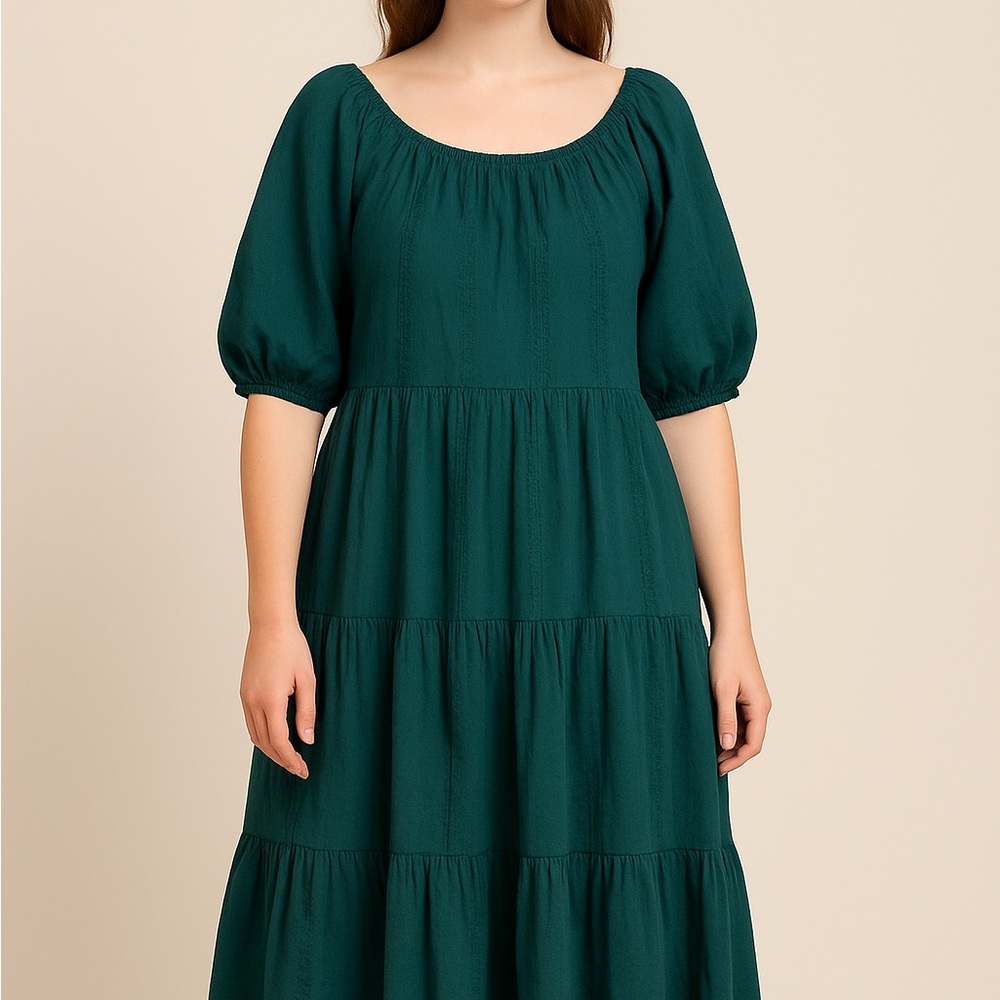 Universal Thread Teal Puff Sleeve Tiered Midi Dress | Size L | 100% Cotton